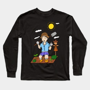 Farm with cartoon boy - colour Long Sleeve T-Shirt